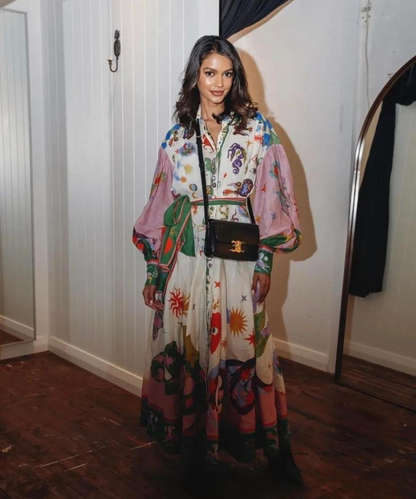 Graphic Print Collared Long Sleeve Belted Button Front Maxi Shirt Dress