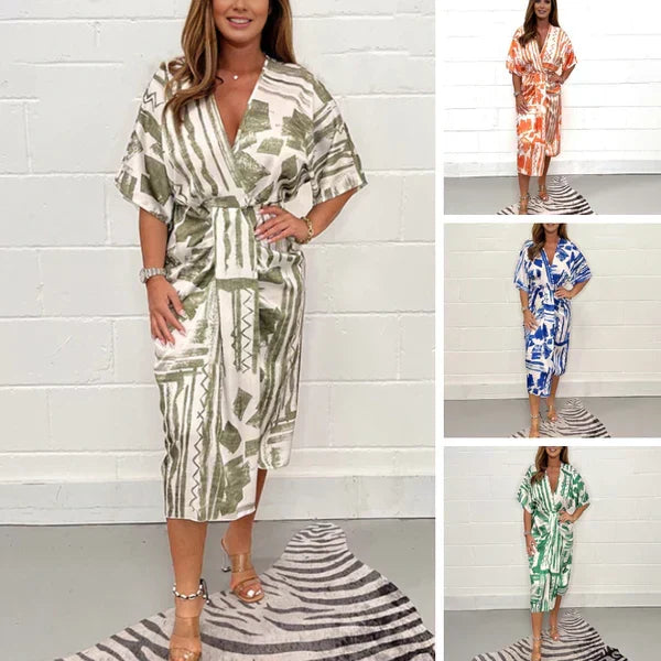 Abstract Brushstroke Geometric Print Kimono Sleeve Wrap Midi Dress