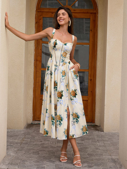 Openwork Split Thigh Pocket Floral Print Dress