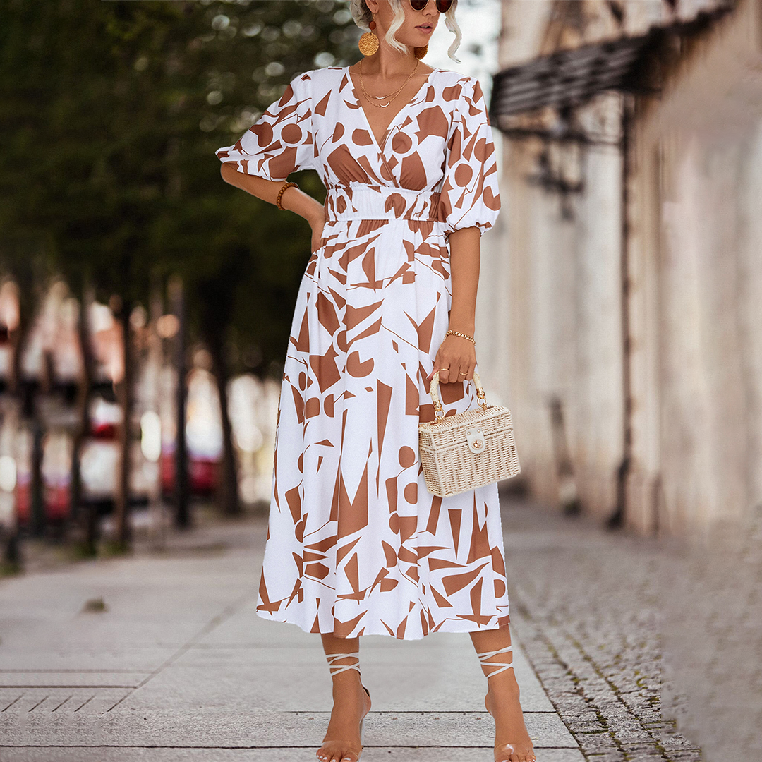 Deep V-Neck Puff Sleeve Smocked Waist Abstract Geometric Print Midi Dress