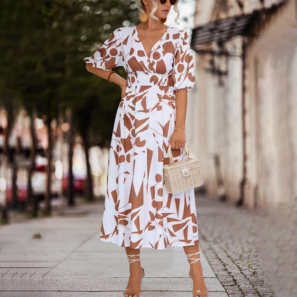 Deep V-Neck Puff Sleeve Smocked Waist Abstract Geometric Print Midi Dress