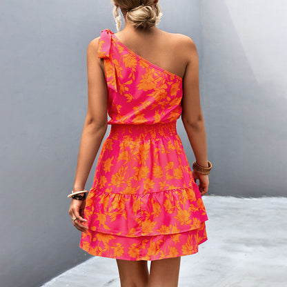 Floral Print One-Shoulder Bow Strap Smocked Waist Tiered Mini Dress