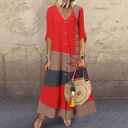 Deep V Neck Button Down Diagonal Lace Up Colorblock Stripe Maxi Dress