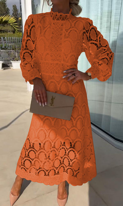 Guipure Lace Mock Neck Puff Sleeve Scalloped Hem A-Line Midi Dress