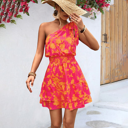 Floral Print One-Shoulder Bow Strap Smocked Waist Tiered Mini Dress