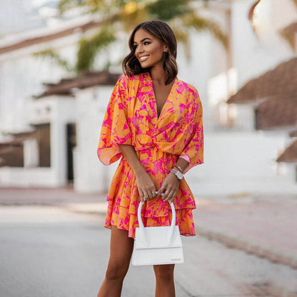 Tropical Floral Plunge V-Neck Twist Front Kimono Sleeve Tiered Mini Dress