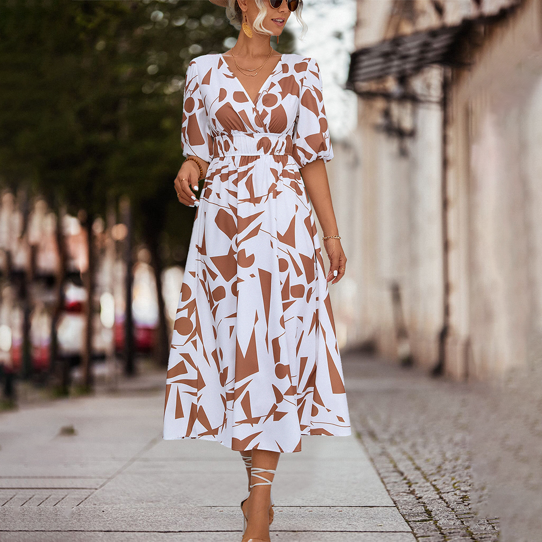 Deep V-Neck Puff Sleeve Smocked Waist Abstract Geometric Print Midi Dress