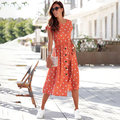 Polka Dot Tie-Waist Button Front Pocket Midi Dress