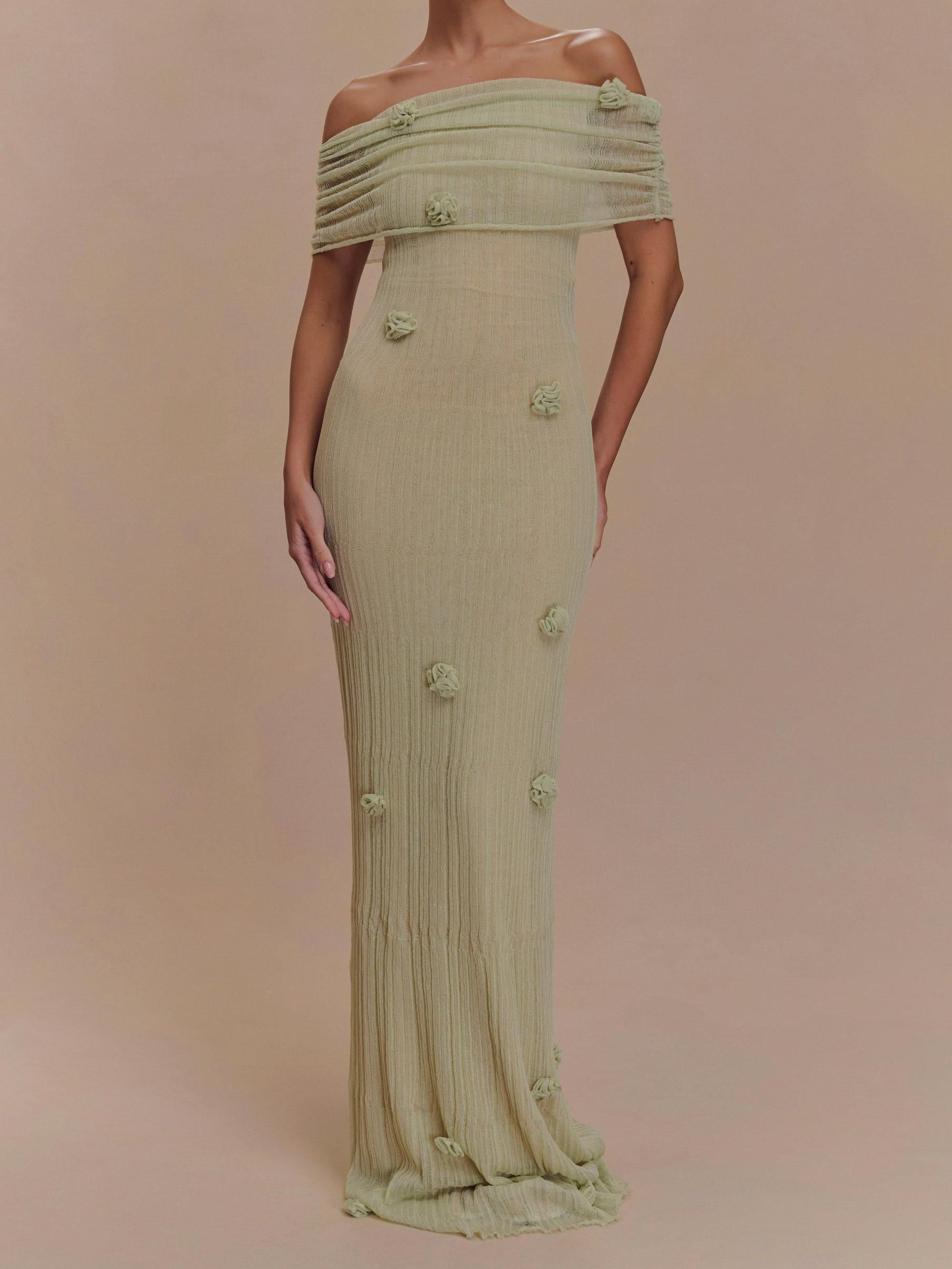 Off Shoulder Ruched Band 3D Floral Applique Crinkle Texture Maxi Dress