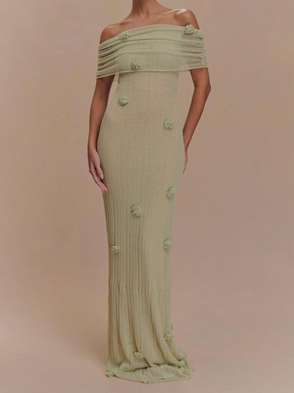 Off Shoulder Ruched Band 3D Floral Applique Crinkle Texture Maxi Dress