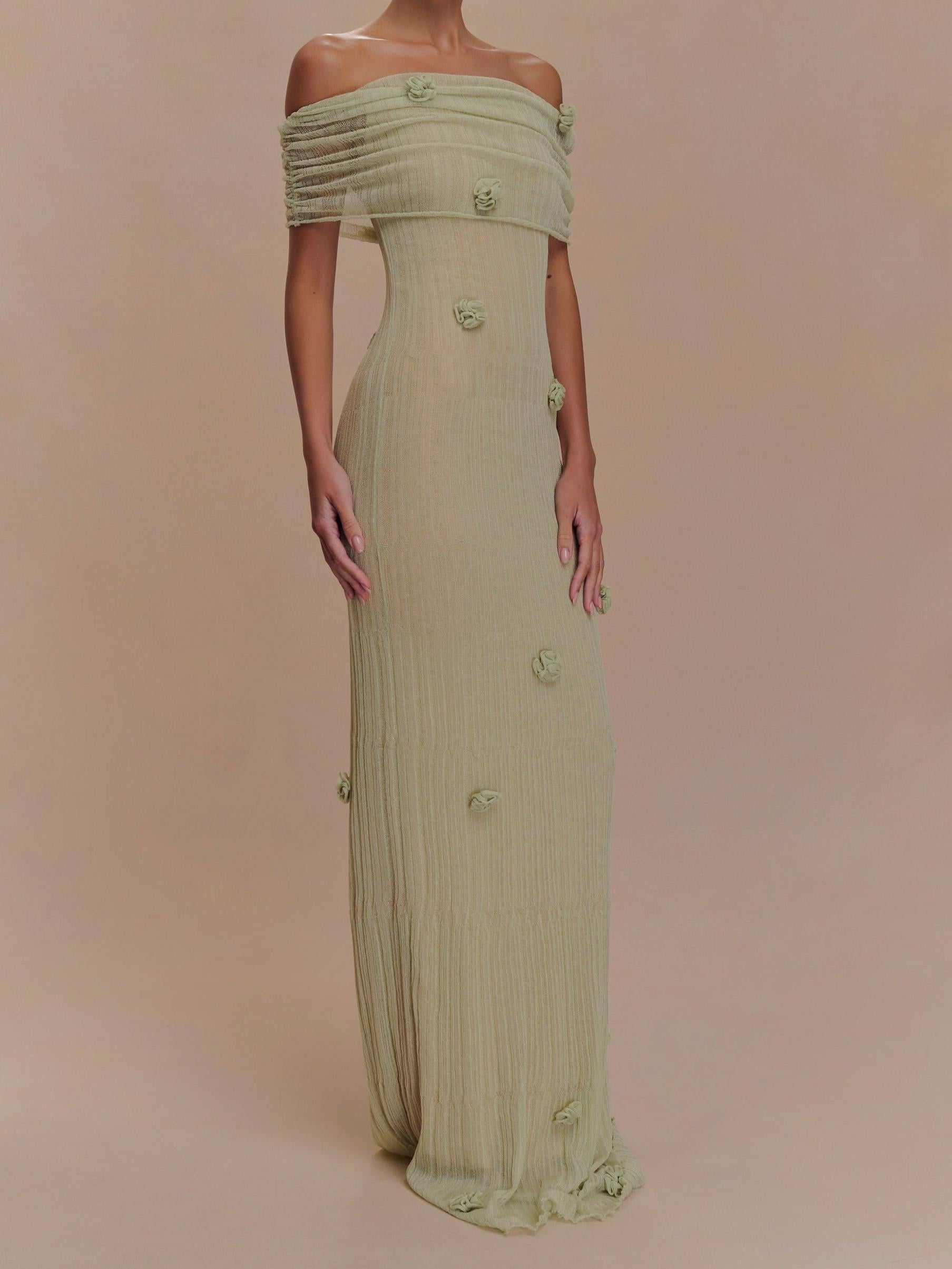 Off Shoulder Ruched Band 3D Floral Applique Crinkle Texture Maxi Dress