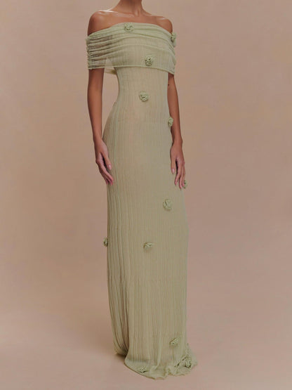 Off Shoulder Ruched Band 3D Floral Applique Crinkle Texture Maxi Dress