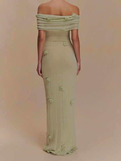 Off Shoulder Ruched Band 3D Floral Applique Crinkle Texture Maxi Dress