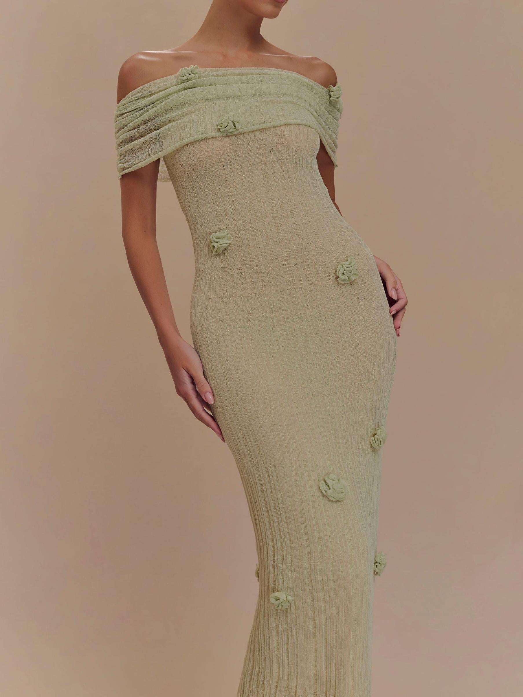 Off Shoulder Ruched Band 3D Floral Applique Crinkle Texture Maxi Dress