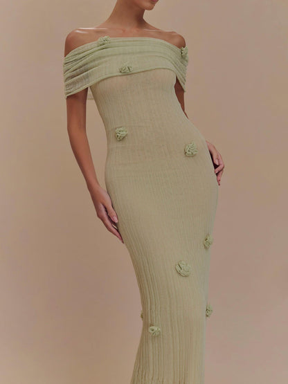 Off Shoulder Ruched Band 3D Floral Applique Crinkle Texture Maxi Dress