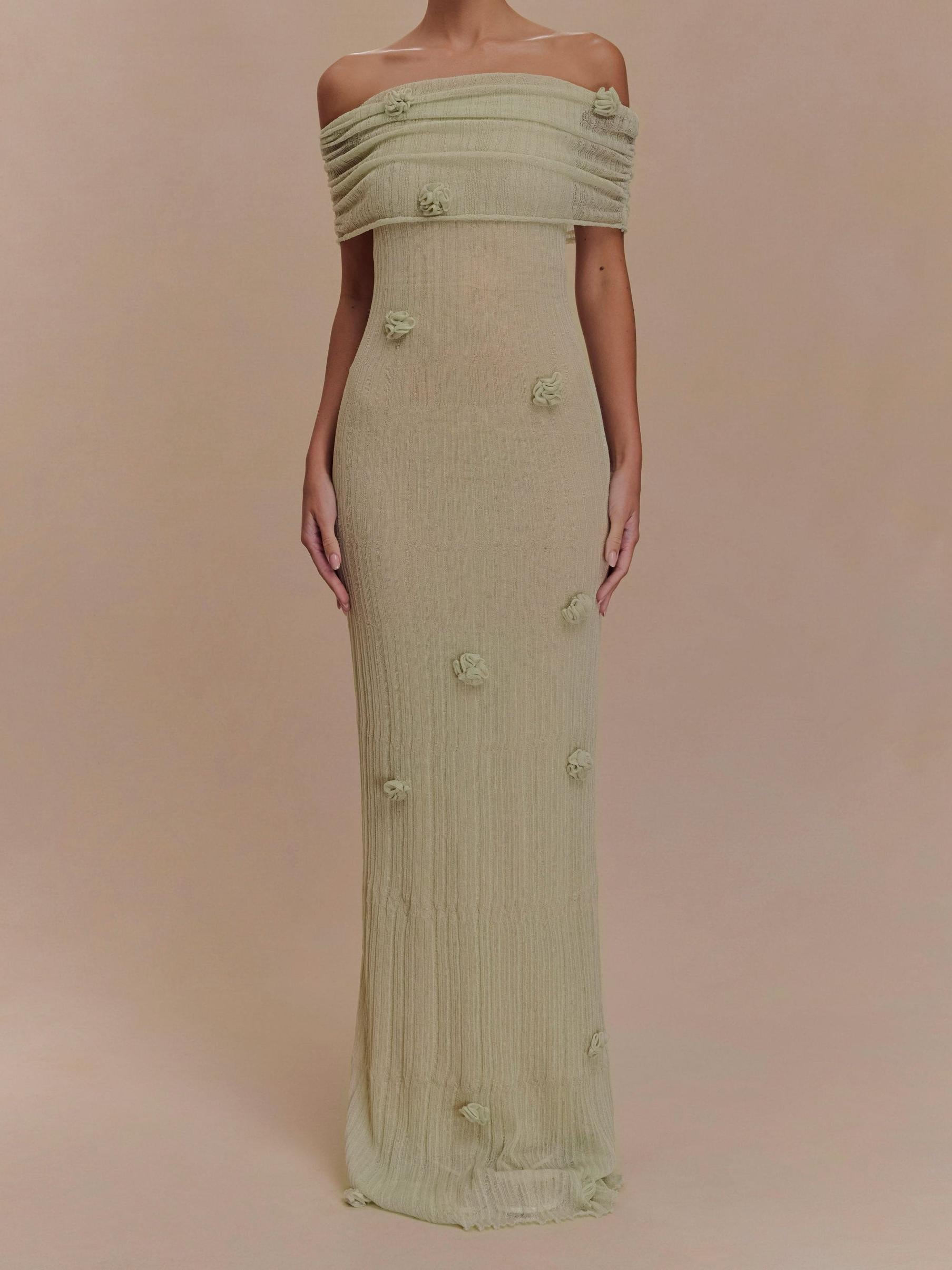 Off Shoulder Ruched Band 3D Floral Applique Crinkle Texture Maxi Dress
