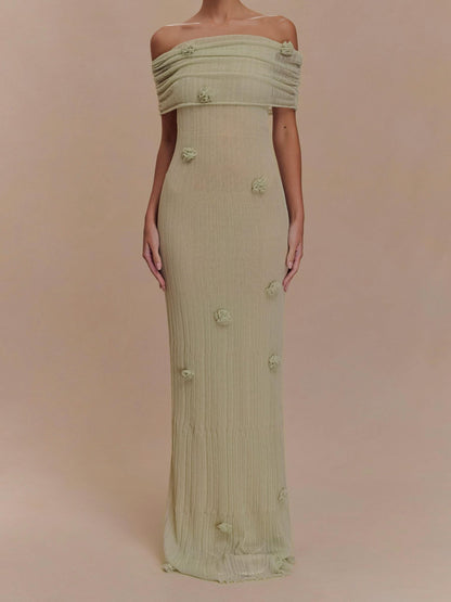 Off Shoulder Ruched Band 3D Floral Applique Crinkle Texture Maxi Dress
