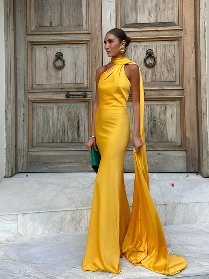 | Satin Drape One Shoulder Mermaid Gown