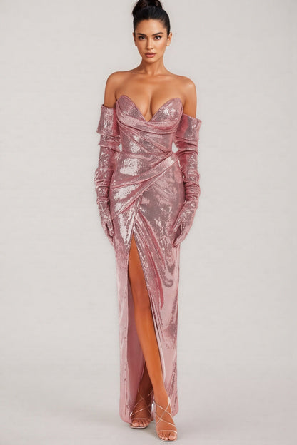 Dreamy Sequin Sweetheart Neck Split Maxi Dress