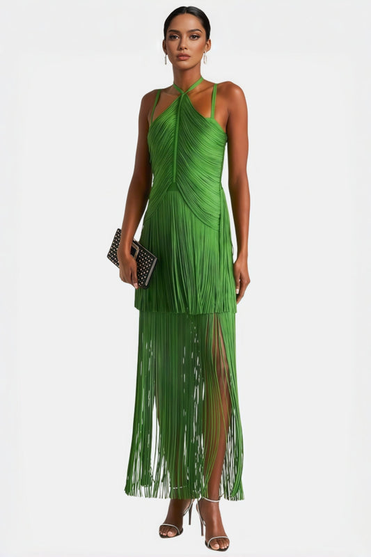 Dewy Tassel Solid Sleeveless Midi Dress