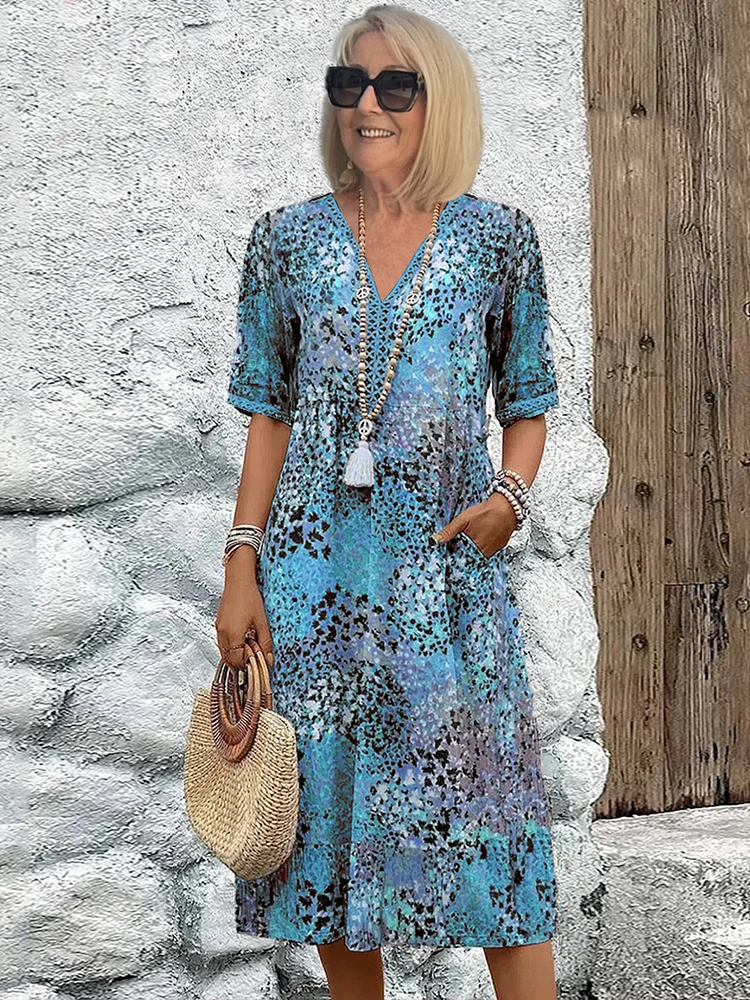 V Neck Half Sleeve Abstract Mosaic Print Pocket Midi Dress