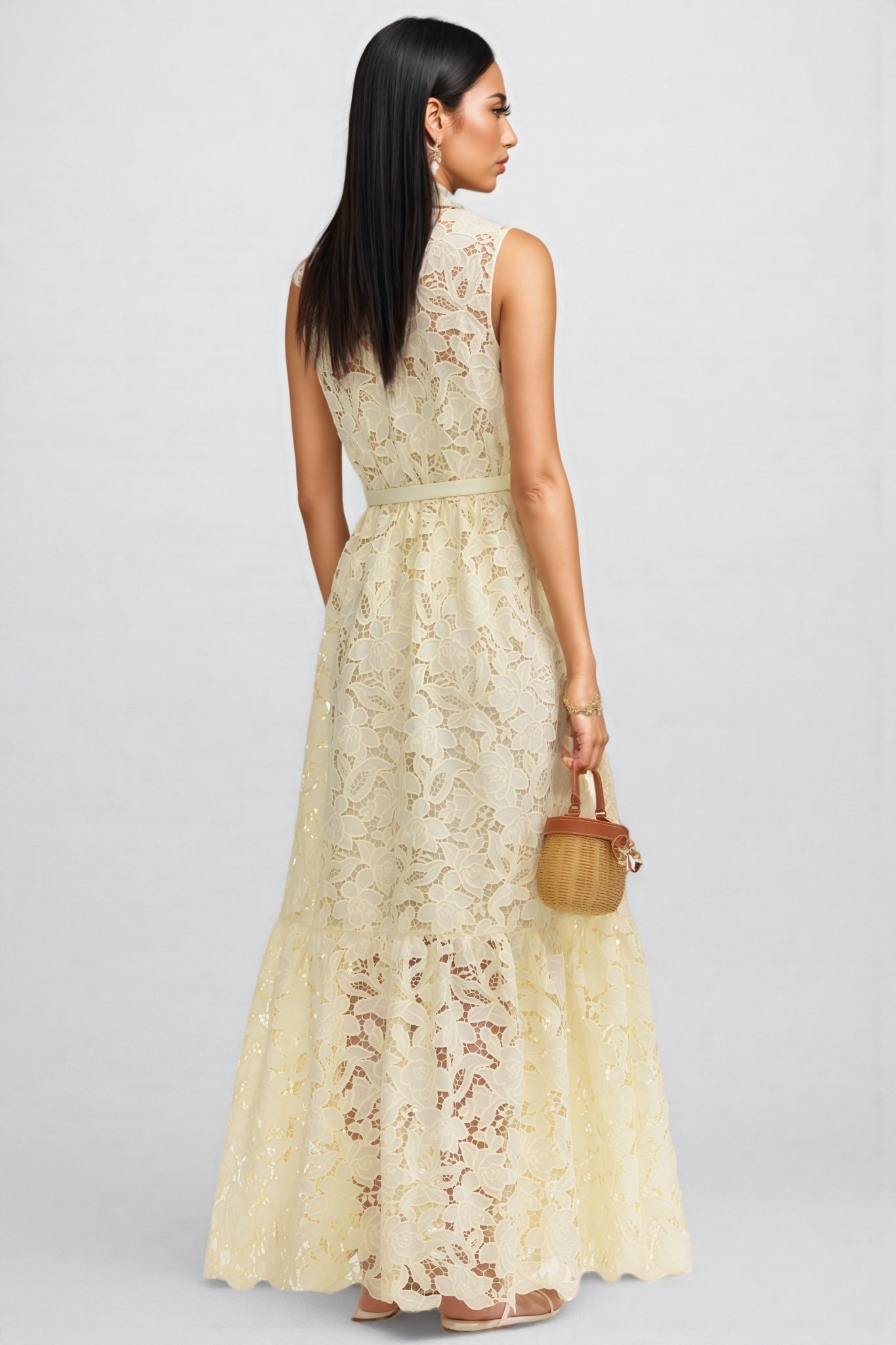 Caialt Yellow Lace Maxi Dress