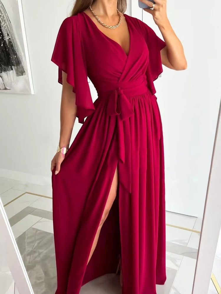 Flutter Sleeve Wrap V-Neck Tie-Belt High-Slit Maxi Dress