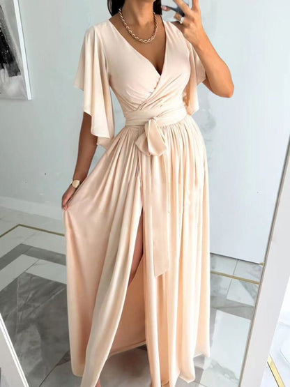 Flutter Sleeve Wrap V-Neck Tie-Belt High-Slit Maxi Dress
