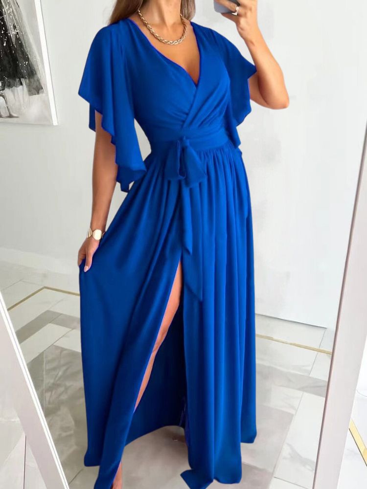 Flutter Sleeve Wrap V-Neck Tie-Belt High-Slit Maxi Dress