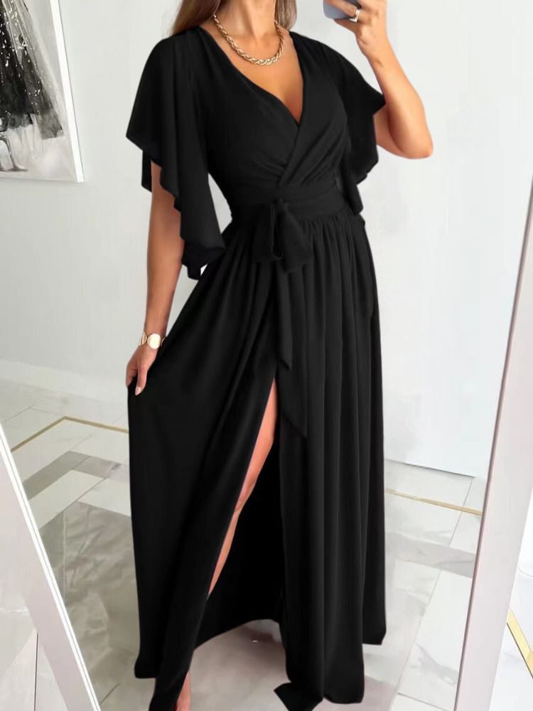 Flutter Sleeve Wrap V-Neck Tie-Belt High-Slit Maxi Dress