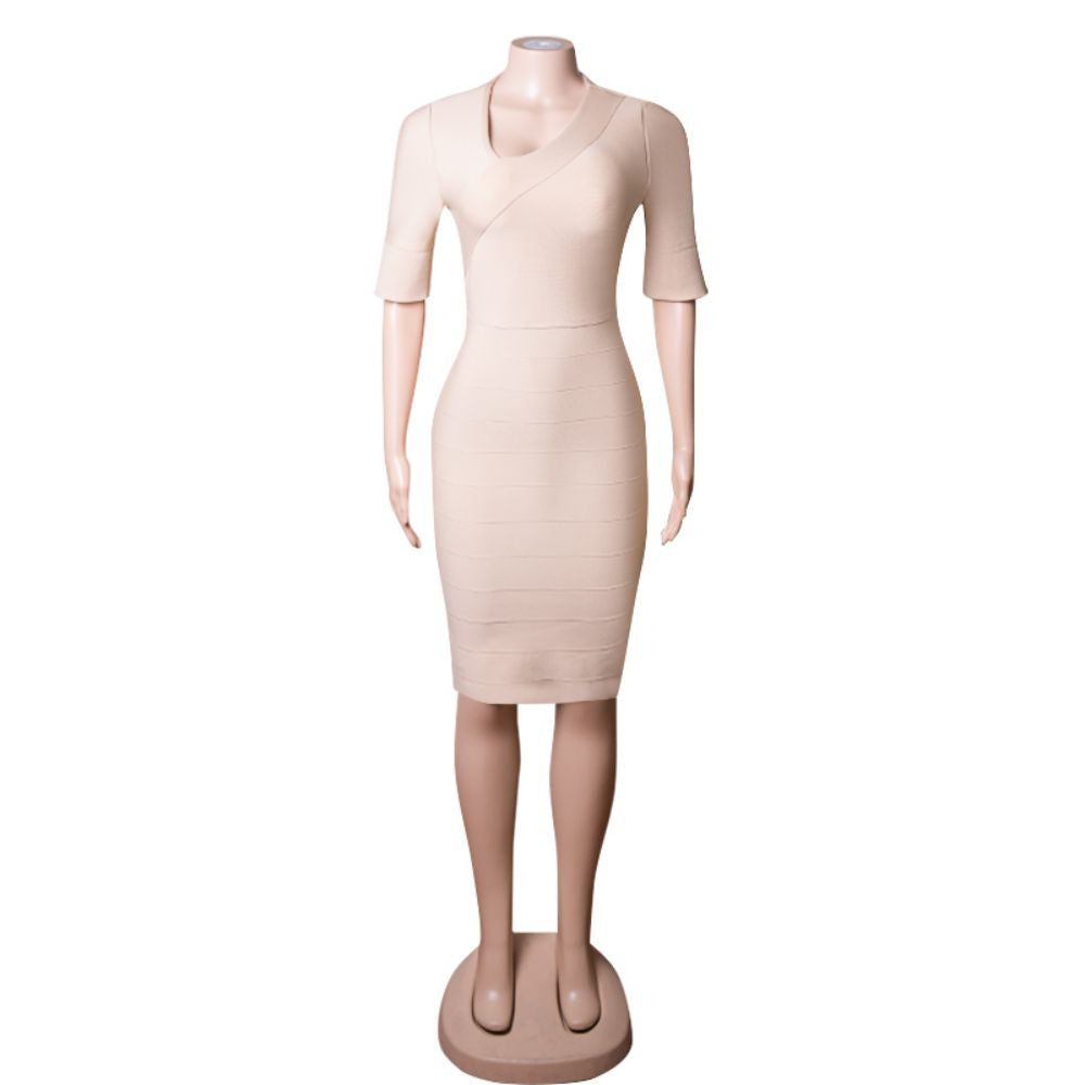 V Neck Short Sleeve Striped Midi Bandage Dress PZC1693