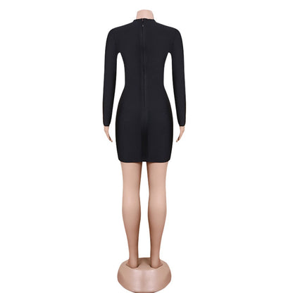 Round Neck Long Sleeve Mini Rhinestone Bandage Dress PZL3002