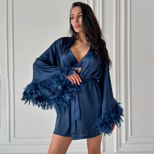 Navy satin feather trim three piece pajama set