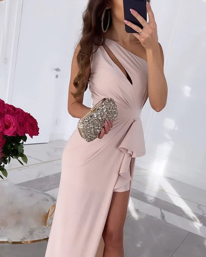 One Shoulder Diagonal Cutout Ruched Waist Side Ruffle High Slit Maxi Dress