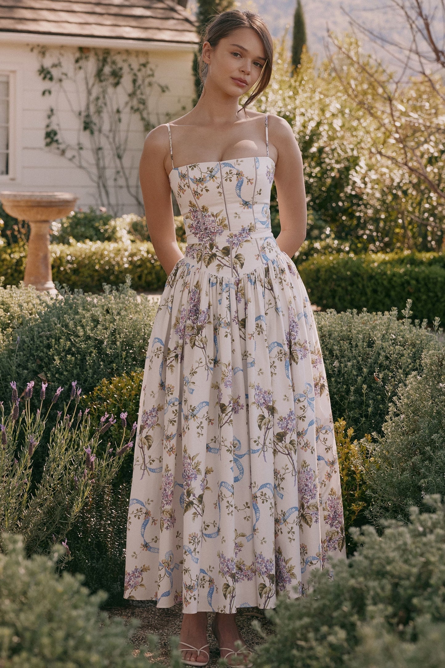 | Floral Midi Dress with Corset Bodice