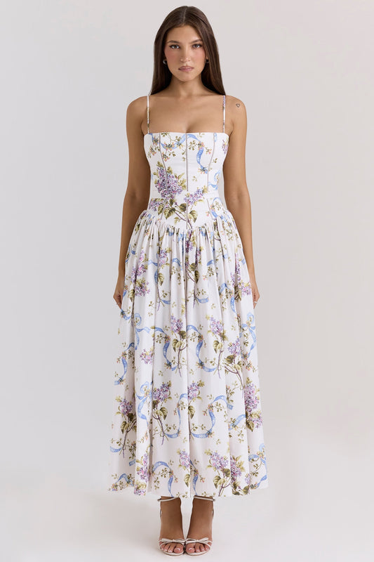 | Floral Midi Dress with Corset Bodice