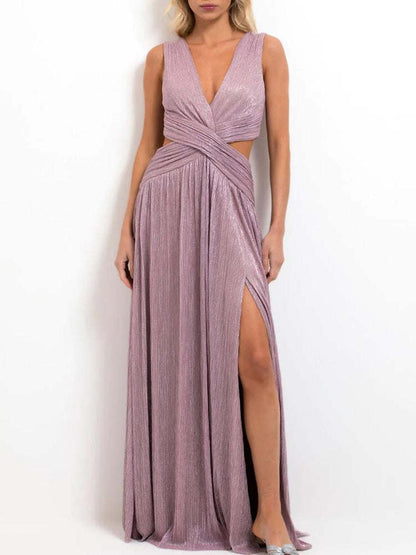 Deep V Metallic Lurex Plisse Wrap Waist Cutout High Slit Maxi Gown