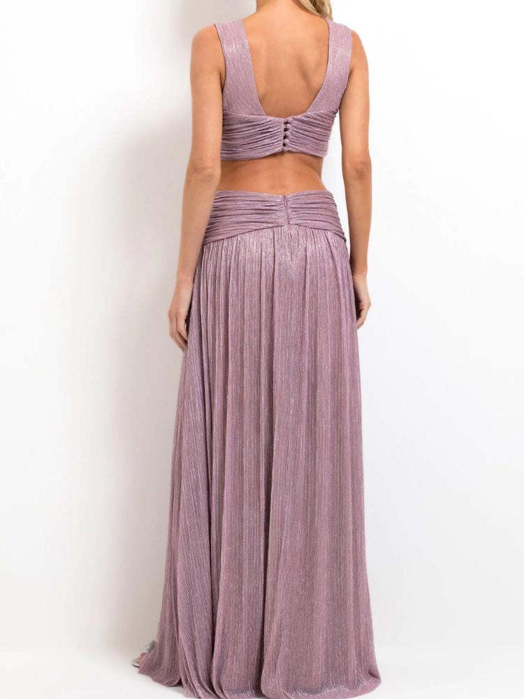 Deep V Metallic Lurex Plisse Wrap Waist Cutout High Slit Maxi Gown