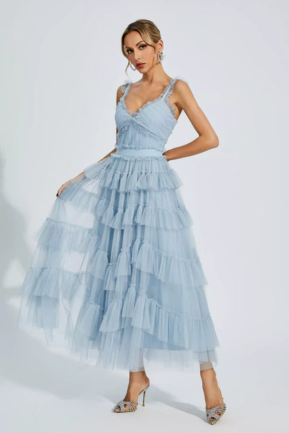 Pearl Blue Mesh Maxi Slip Dress