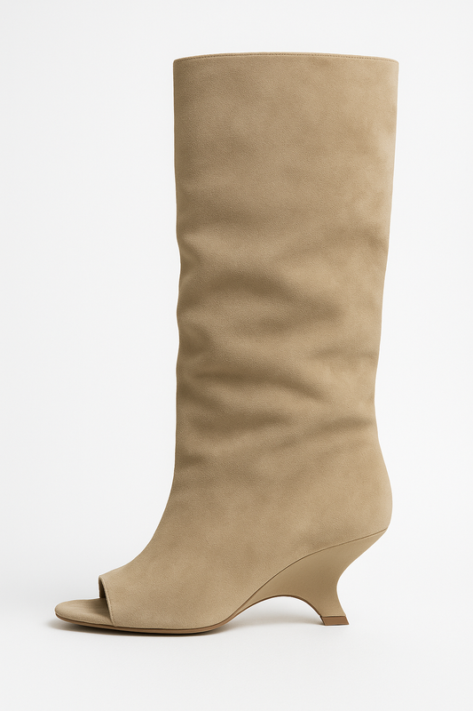 Maison Peep-Toe Knee-High Boots | Faux Suede | Sculpted Heel