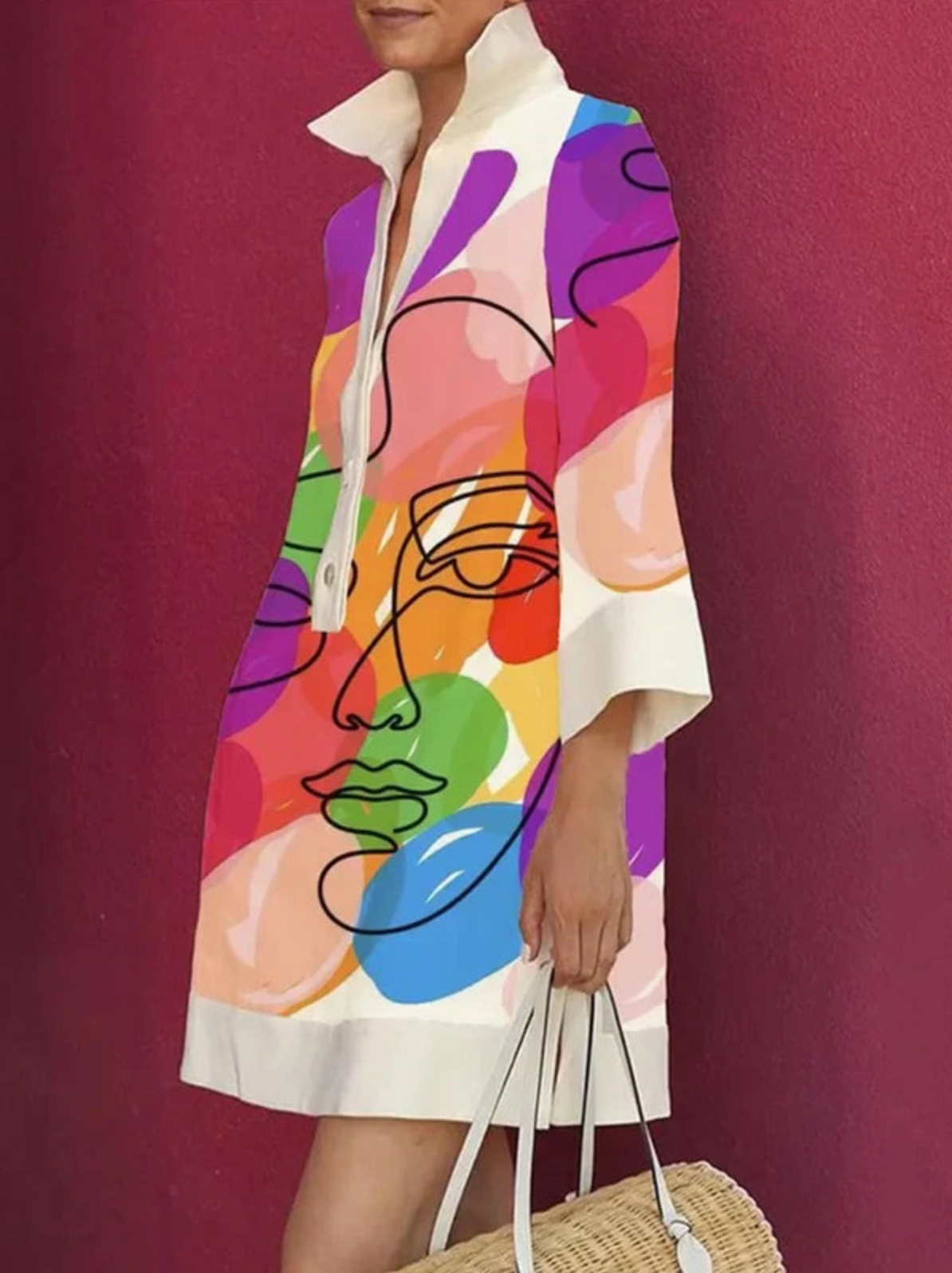 Abstract Art Print Collar Button Front Three-Quarter Sleeve Shift Mini Dress