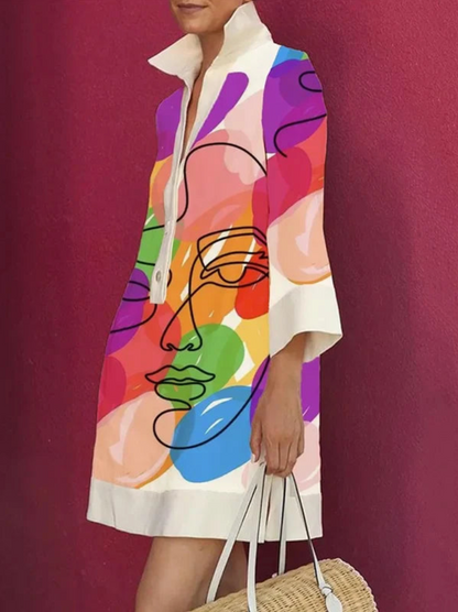 Abstract Art Print Collar Button Front Three-Quarter Sleeve Shift Mini Dress