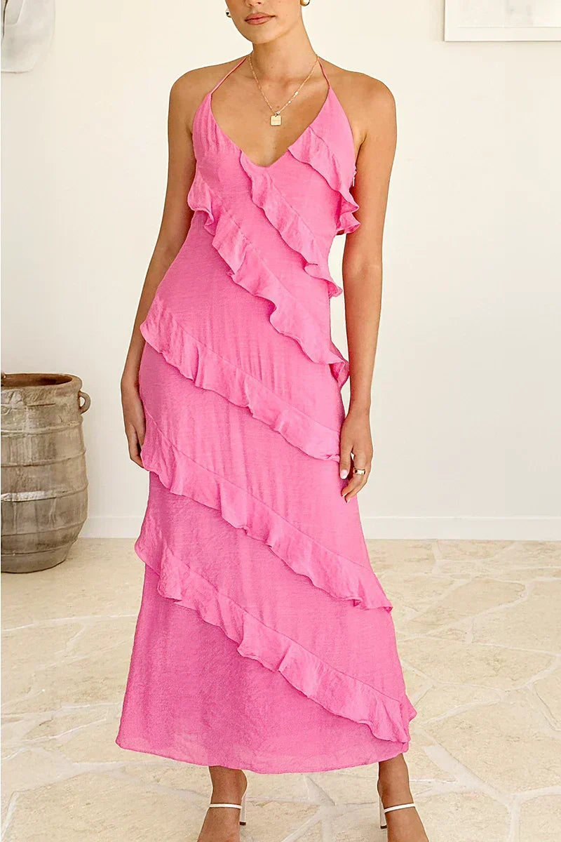 Halter Neck Deep V-Neck Tiered Ruffle Chiffon Maxi Dress
