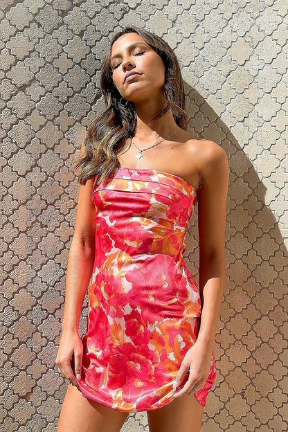 Strapless Floral Print Satin Tube Mini Dress