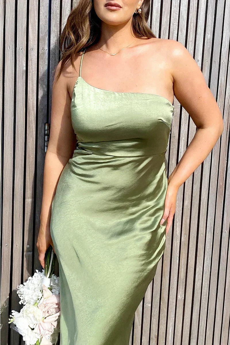 One-Shoulder Asymmetric Satin Trumpet Maxi Dress