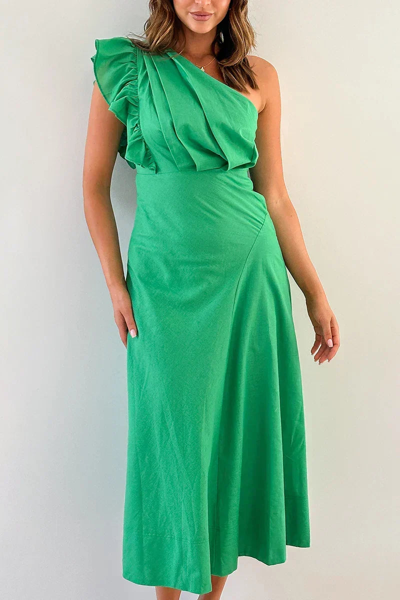 One Shoulder Ruffle Trim Pleated Wrap Bodice Fit and Flare Midi Dress