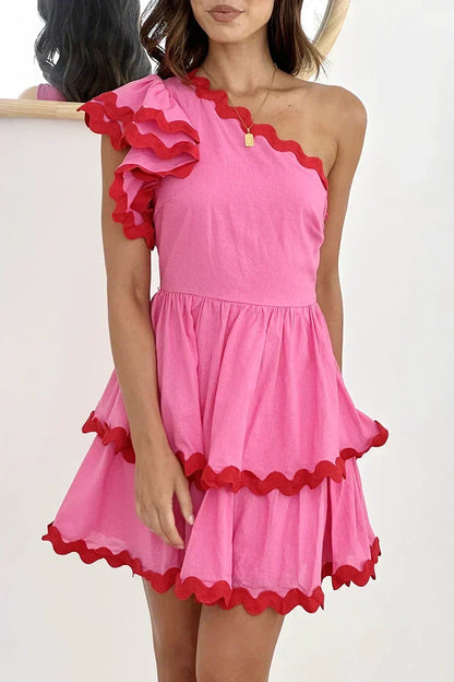 One Shoulder Ruffle Trim Scalloped Edge Tiered Mini Dress