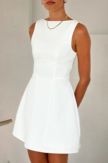 Boat Neck Princess Seam Structured A-Line Mini Dress