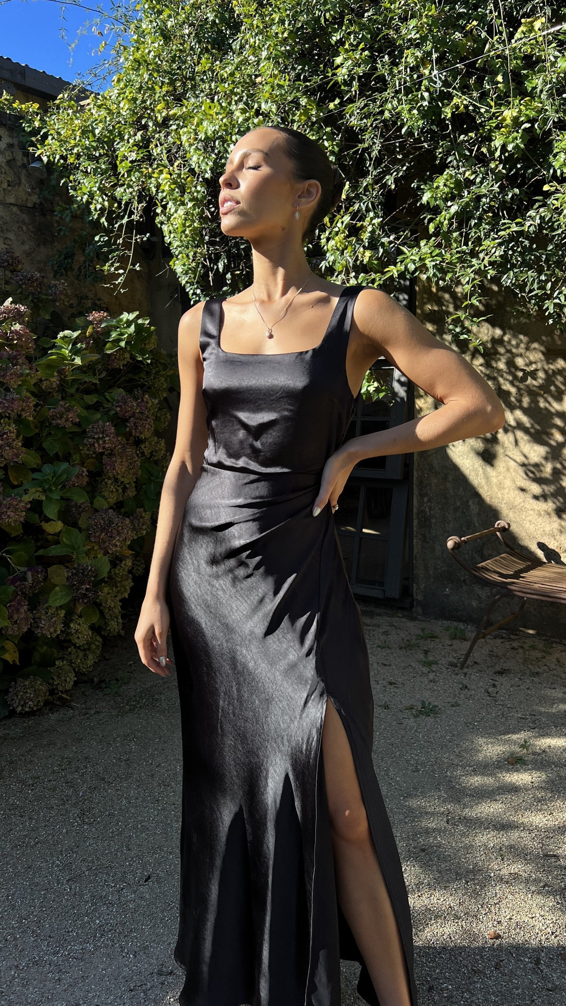 Satin Wide Strap Square Back Thigh High Slit Slip Maxi Dress