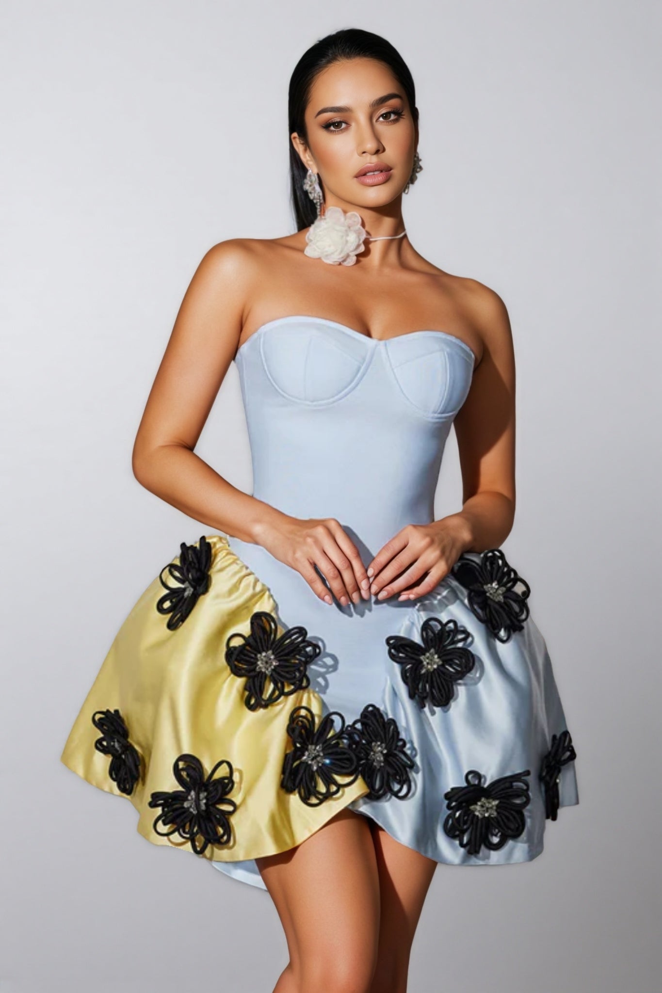 Roland Strapless Flower Bandage Mini Dress